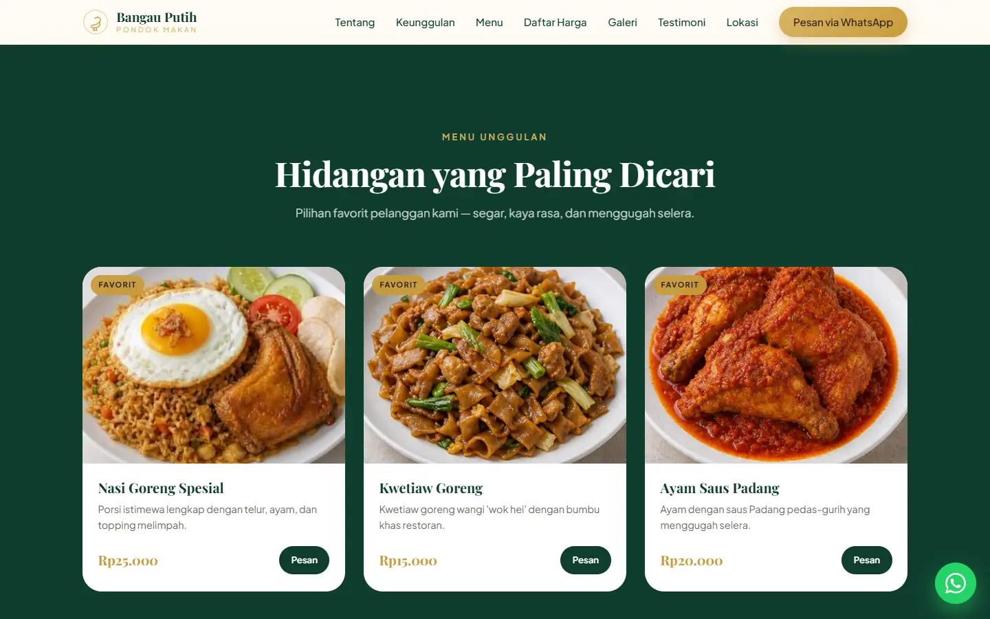 Menu unggulan Bangau Putih dengan harga dan tombol pesan