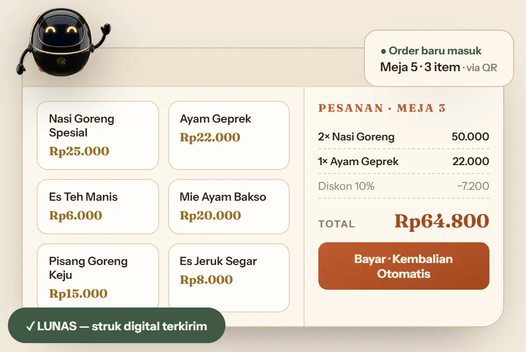 Layar kasir FRANYX POS: pesanan meja, diskon, total, dan tombol bayar