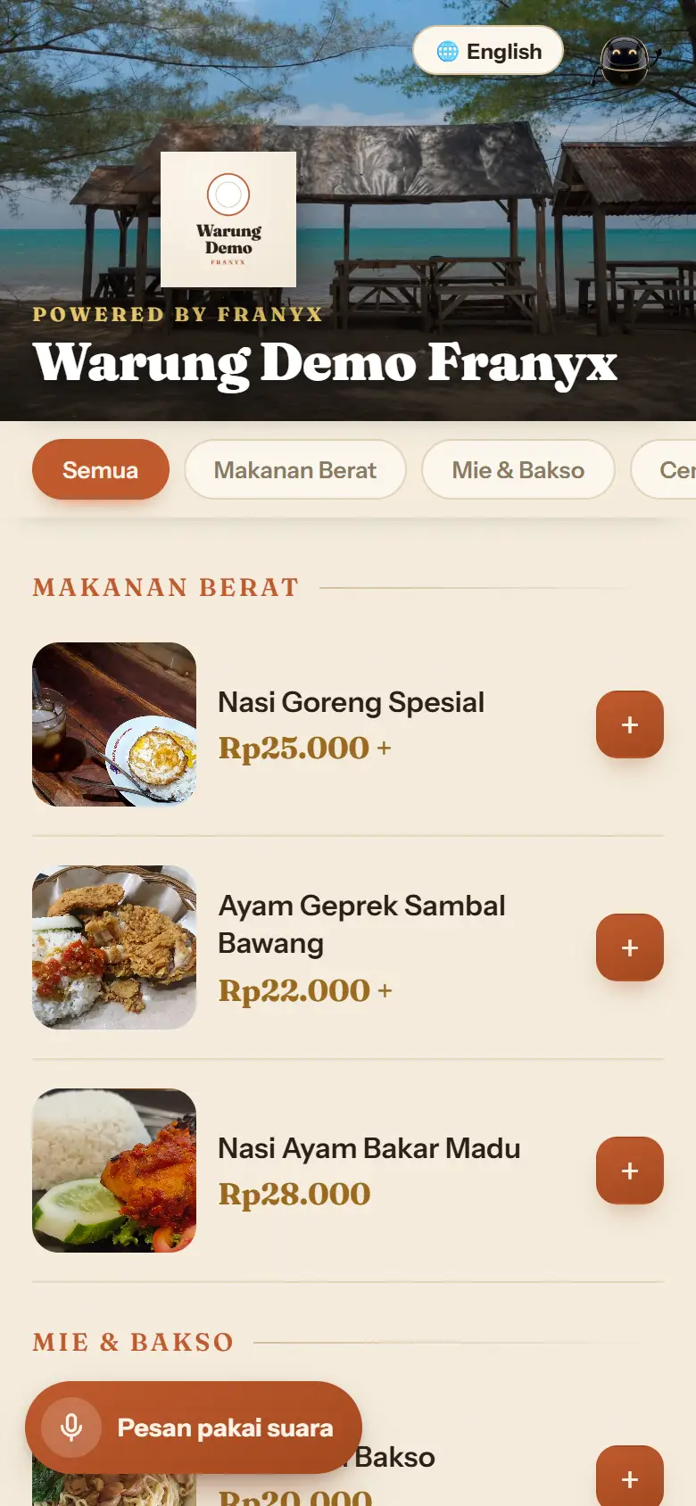 Menu QR FRANYX POS dengan tombol pesan pakai suara (toko demo)