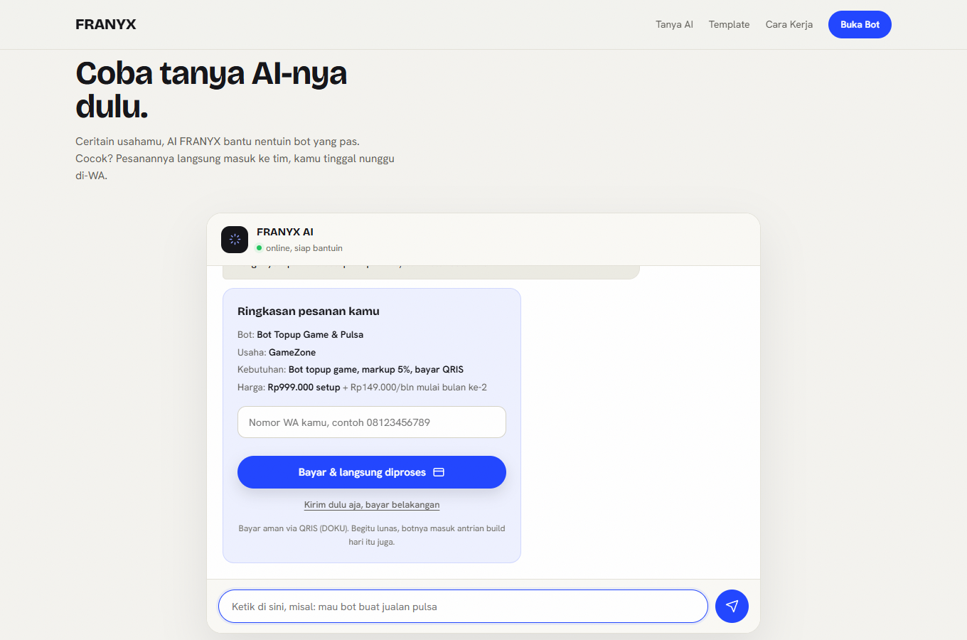 FRANYX AI Bot Builder - chat AI dan kartu harga