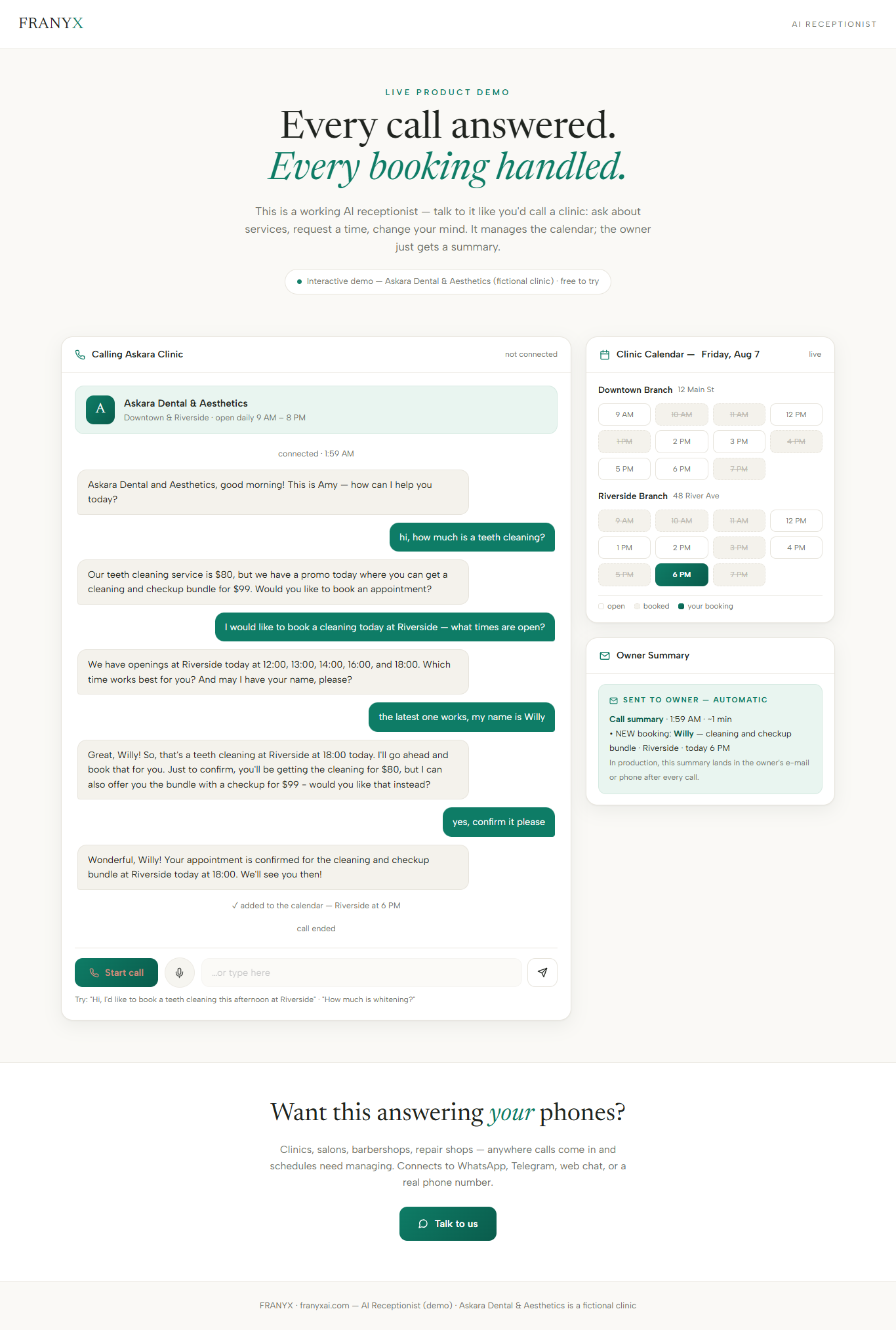 FRANYX AI Receptionist - transkrip telepon live dan kalender booking