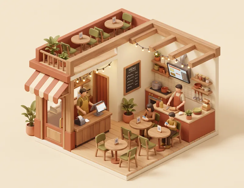 Ilustrasi warung: kasir tablet, QR di tiap meja, dan layar dapur