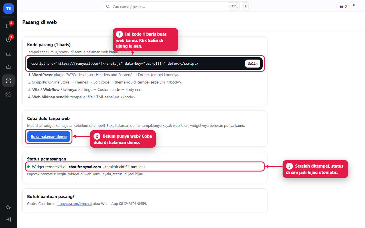Console FRANYX Chat, menu Pasang: tombol Salin kode, tombol halaman demo, dan status pemasangan