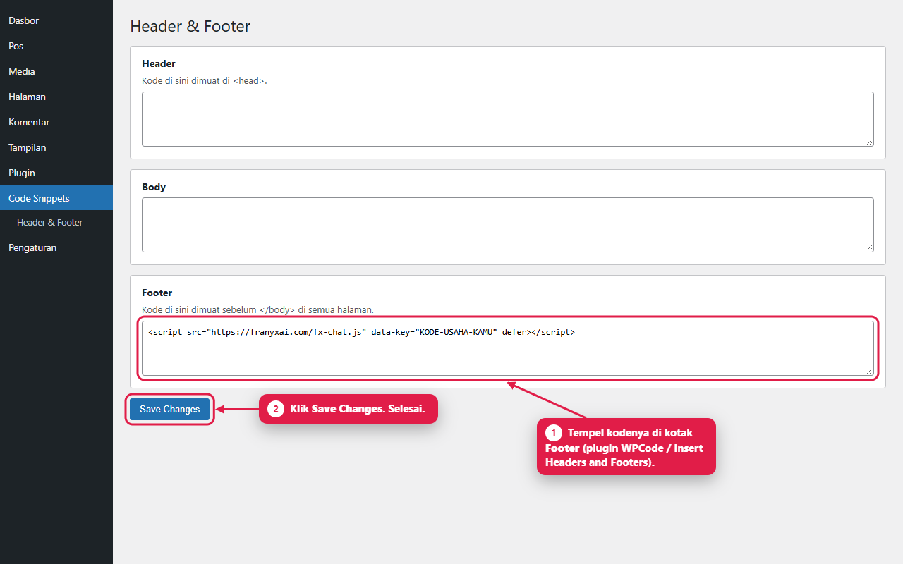 Ilustrasi WordPress: kotak Footer di plugin WPCode diisi kode FRANYX Chat, lalu Save Changes