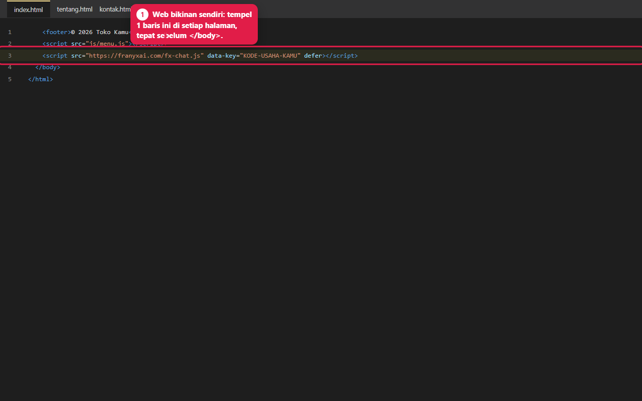 Ilustrasi editor kode: kode FRANYX Chat ditempel sebelum tag body penutup di index.html