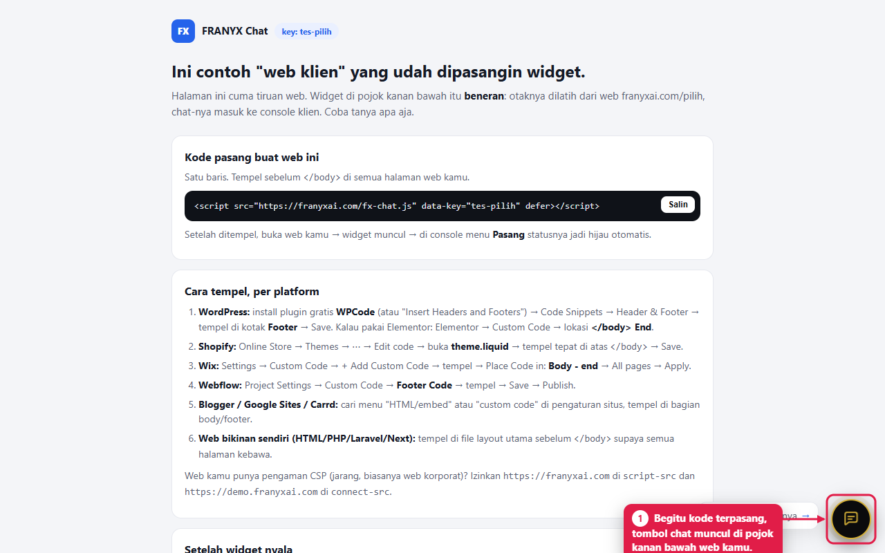 Tombol chat FRANYX Chat muncul di pojok kanan bawah website