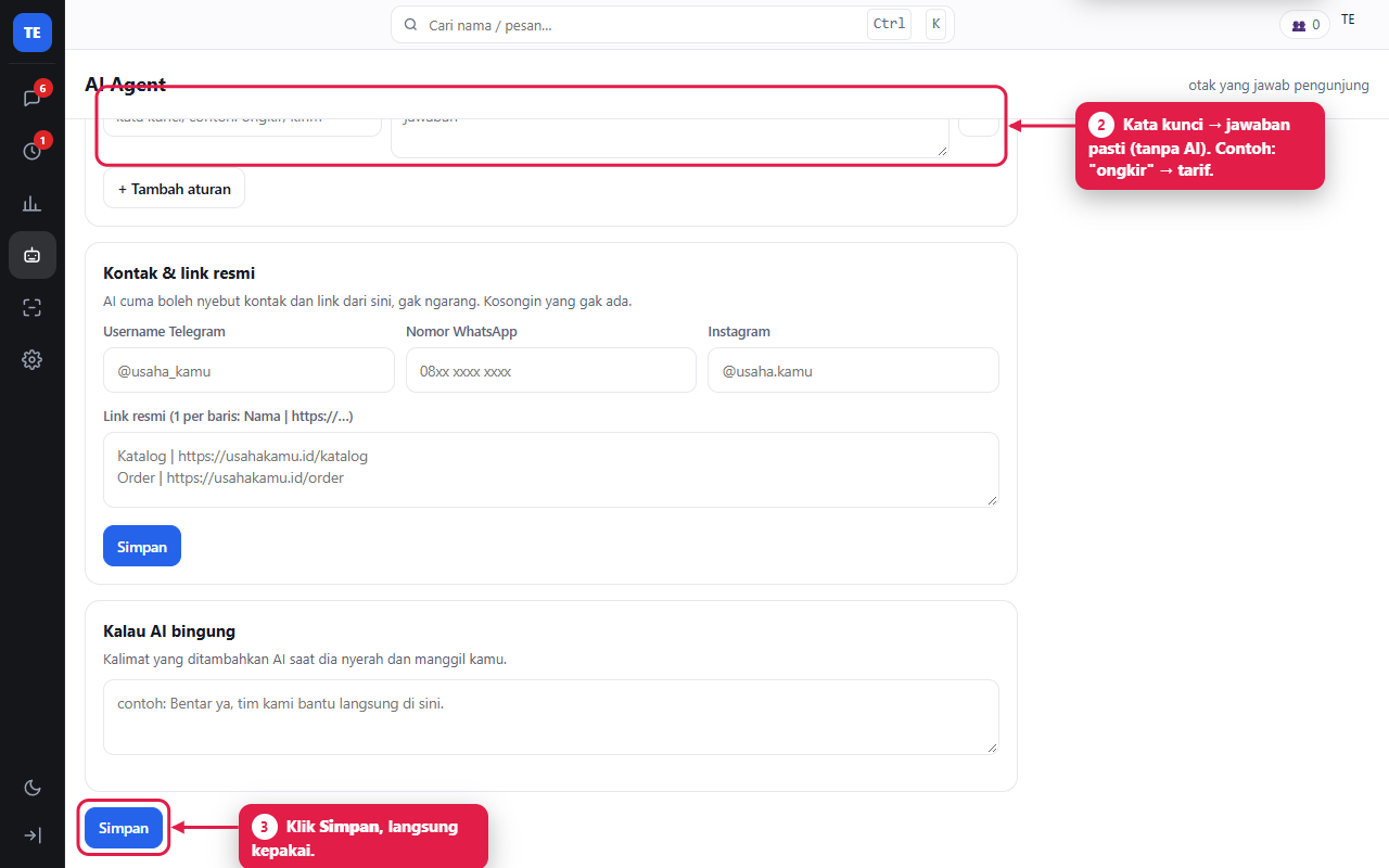 Console menu AI Agent: bahan tambahan, balasan otomatis kata kunci, tombol Simpan