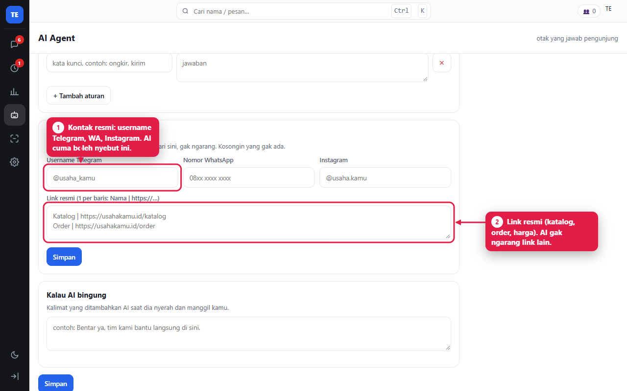 Console menu AI Agent: kontak resmi (Telegram, WhatsApp, Instagram) dan daftar link resmi