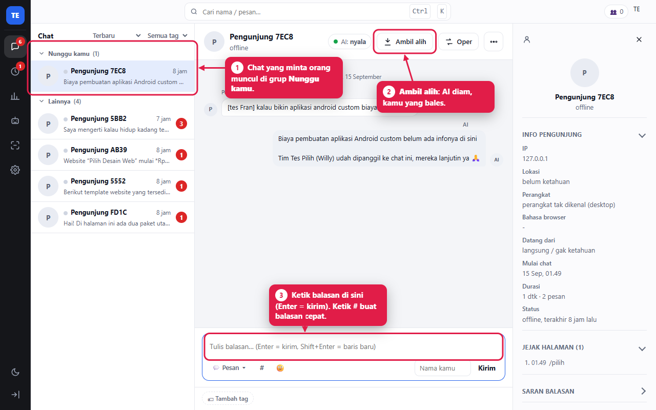 Console FRANYX Chat: daftar chat Nunggu kamu, tombol Ambil alih, kotak balasan