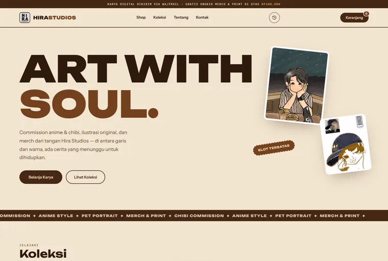 Website Hira Studios, toko online ilustrasi & merch